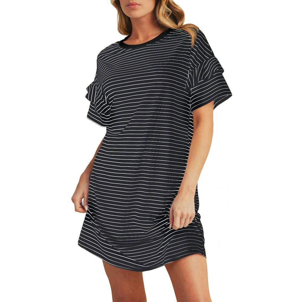 NEW SHEWIN stripe ruffle t-shirt mini dress in black stripe